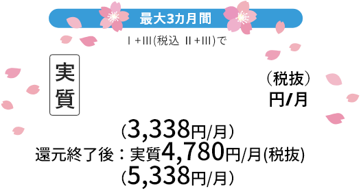 最大3カ月間 Ⅰ+Ⅲ(税込 Ⅱ+Ⅲ)で 実質2,780円/月（税抜）（3,338円/月） 還元終了後：実質4,780円/月（税抜）（5,338円/月）