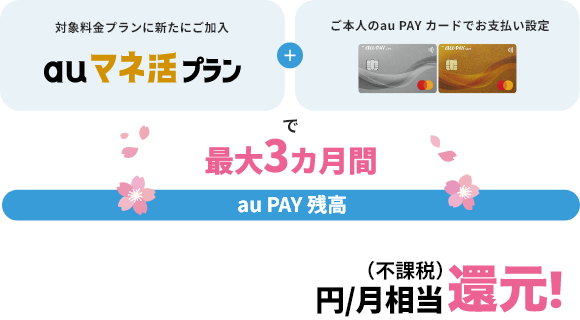 対象料金プランに新たに加入「auマネ活プラン」＋ご本人のau PAY カードでお支払い設定で最大3カ月間au PAY 残高2,000円/月（不課税）相当還元！