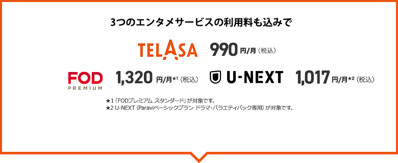 3つのエンタメサービスの利用料も込みでTELASA 990円／月、FODプレミアム 1,320円／月、U-NEXT 1,017円／月