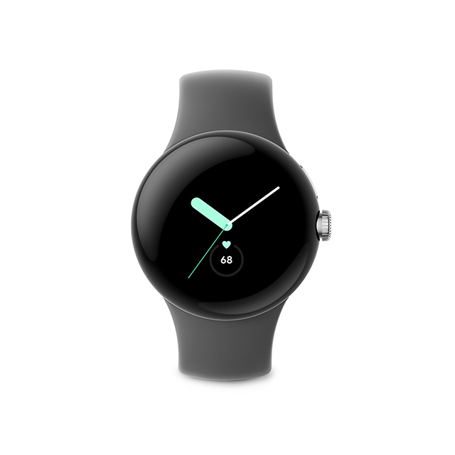 Google Pixel Watch Polished Silver ステンレスケース／Charcoal アクティブバンド 正面