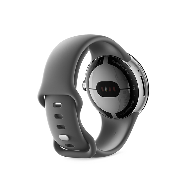 Google Pixel Watch Polished Silver ステンレスケース／Charcoal アクティブバンド 背面