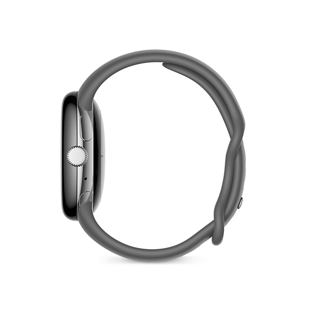 Google Pixel Watch Polished Silver ステンレスケース／Charcoal アクティブバンド 側面