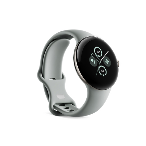 Google Pixel Watch 2 Champagne Gold アルミケース／Hazel アクティブバンド 斜め