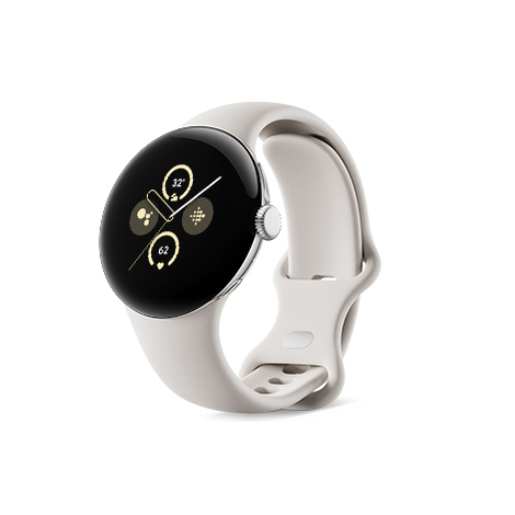 Google Pixel Watch 2 Polished Silver アルミケース／Porcelain アクティブバンド 斜め