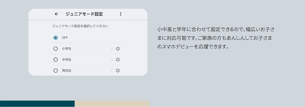小中高と学年に合わせて設定できるので、幅広いお子さまに対応可能です。ご家族の方もあんしんしてお子さまのスマホデビューを応援できます。