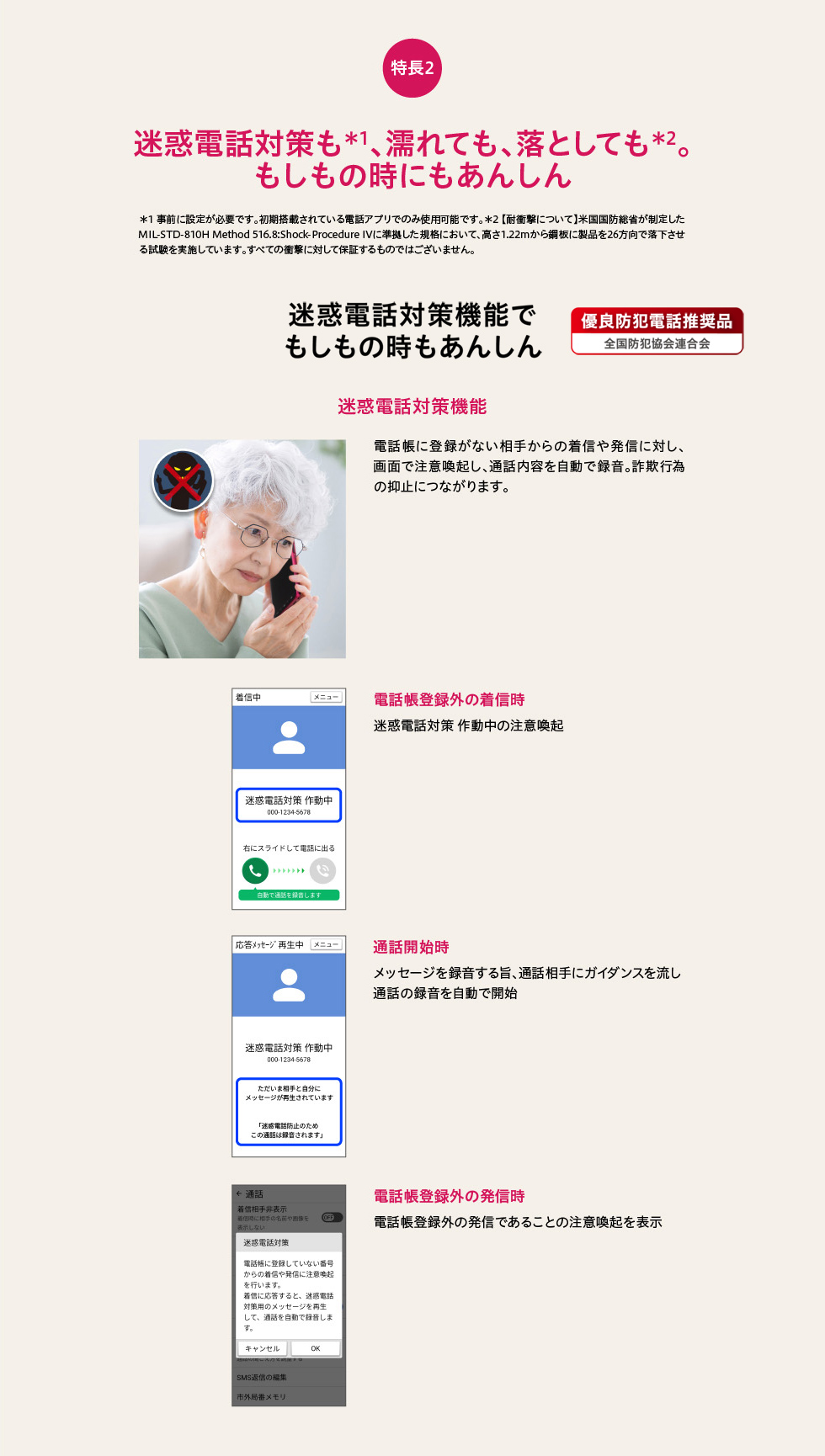 特長2 迷惑電話対策も、濡れても、落としても。もしもの時にもあんしん 迷惑電話対策機能でもしもの時もあんしん