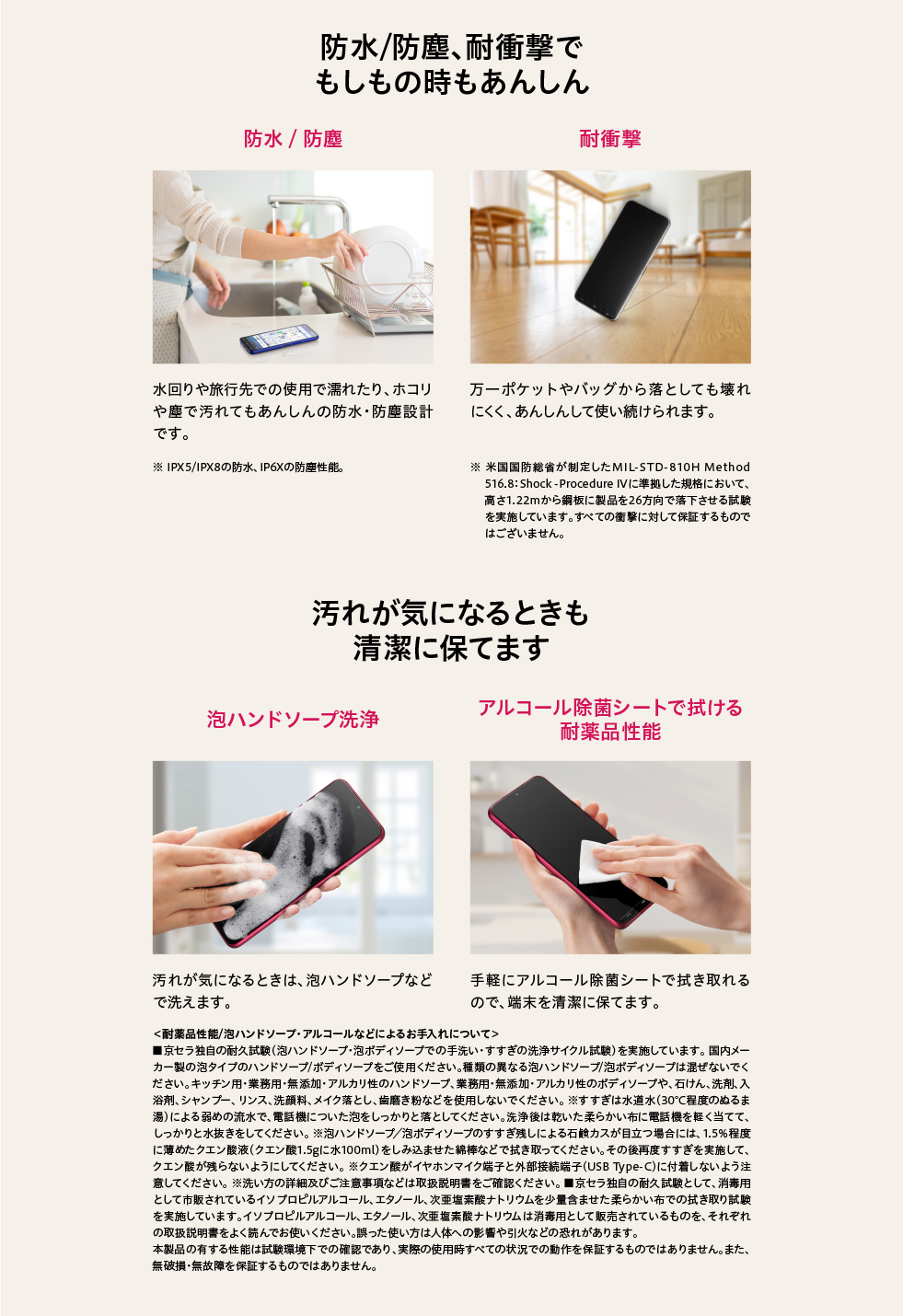 防水/防塵、耐衝撃でもしもの時もあんしん 汚れが気になるときも清潔に保てます