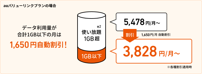 データ利用量が合計1GB以下の月は自動的に割引