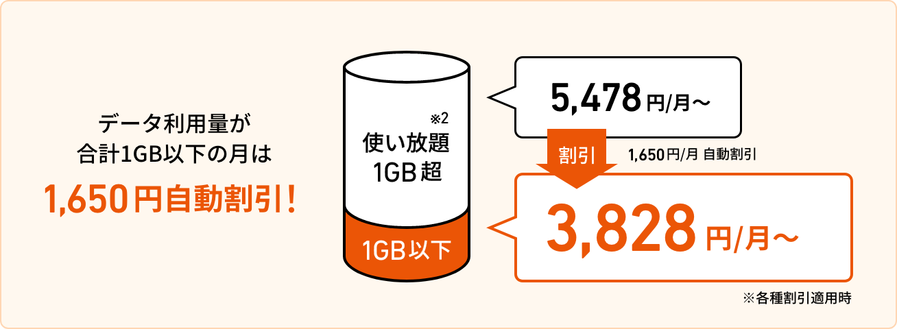 データ利用量が合計1GB以下の月は自動的に割引