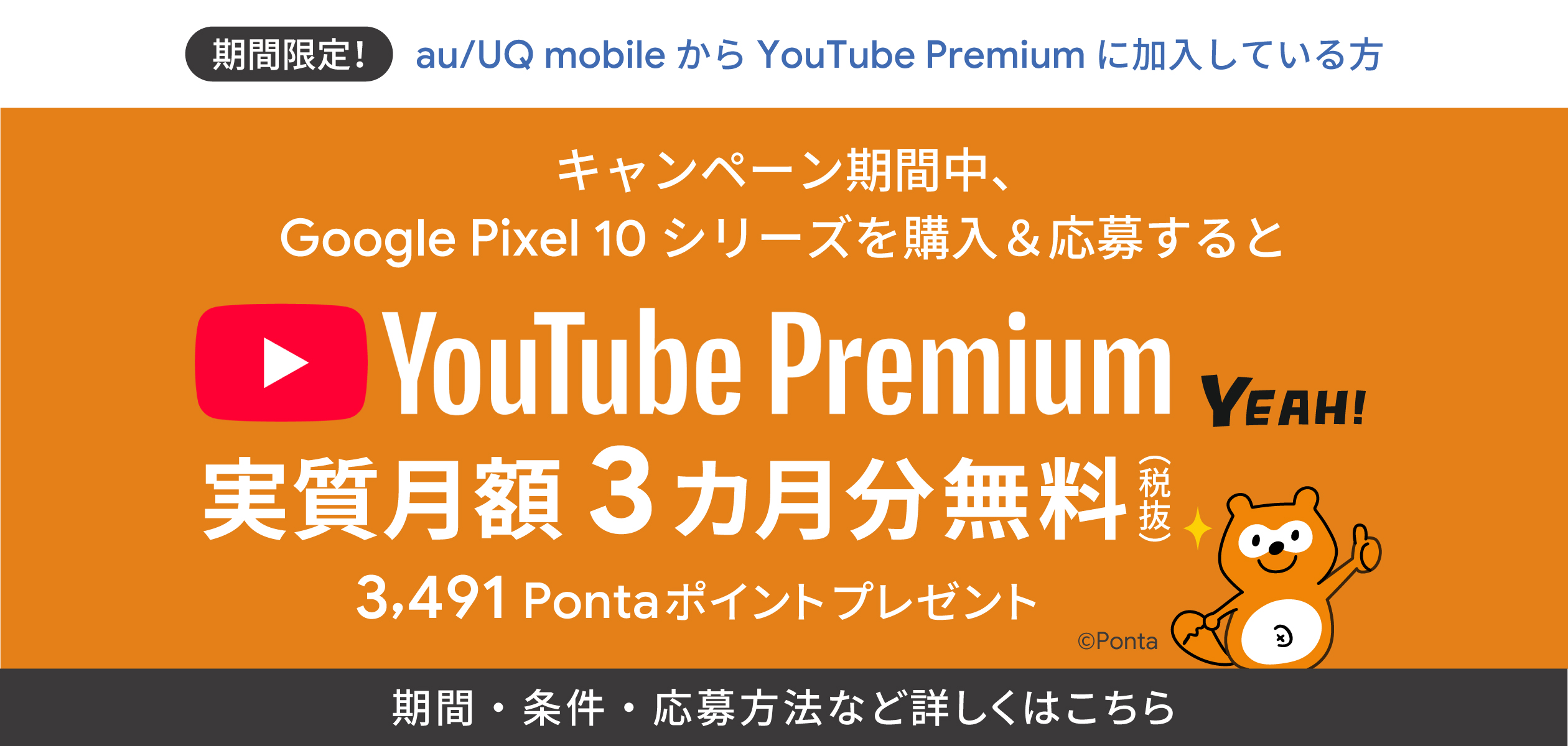 バナー:キャンペーン期間中、Google Pixel 10 シリーズを購入&応募するとYouTube Premium 実質月額3カ月分(税抜)無料