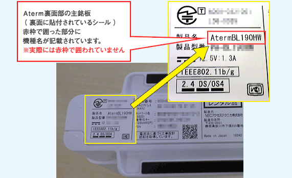 Aterm裏面の主銘板イメージ（Aterm BL190HWの場合）